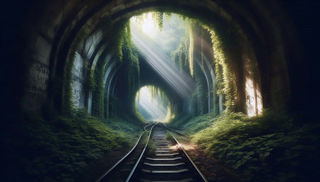 The abandoned railway tunnel covered in ivy, Ai generated imageの写真素材