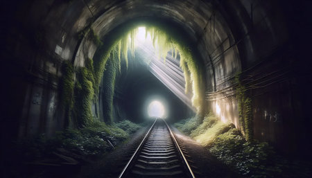 The abandoned railway tunnel covered in ivy, Ai generated image