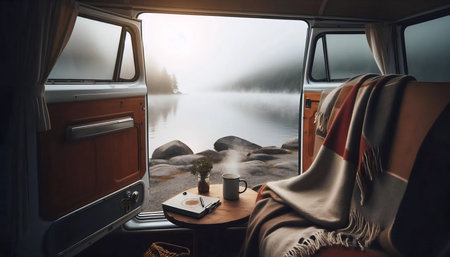The foggy morning camper van scene, Ai generated imageの写真素材
