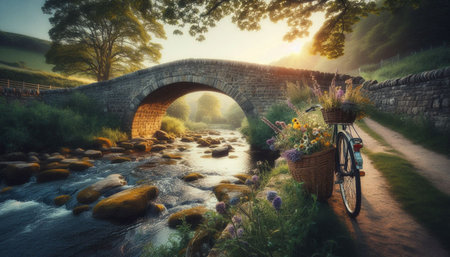 The old stone bridge over creek at magic hour, Ai generated image