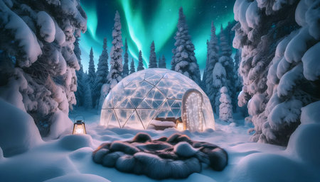 The snow-covered pine forest with glass igloo, Ai generated image