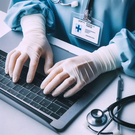 Hands typing on keyboard in creative workspace atmosphere, Ai generated image