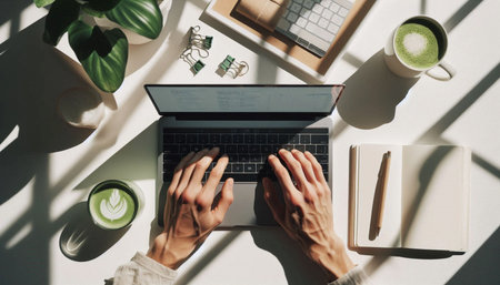 Hands typing on keyboard in creative workspace atmosphere, Ai generated image