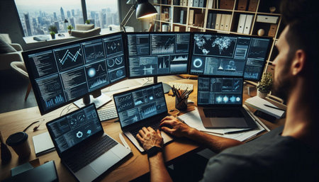 Hands typing on keyboard in creative workspace atmosphere, Ai generated image