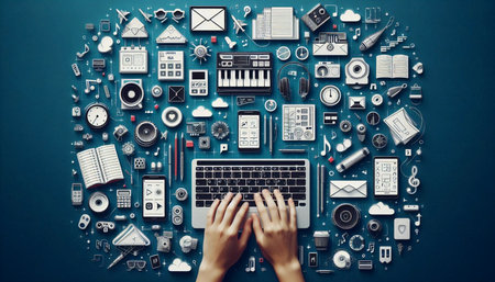 Hands typing on keyboard in creative workspace atmosphere, Ai generated image