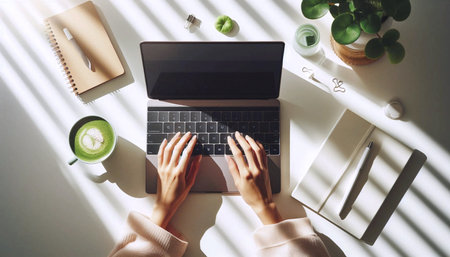 Hands typing on keyboard in creative workspace atmosphere, Ai generated image