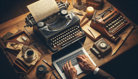 Hands typing on keyboard in creative workspace atmosphere, Ai generated image