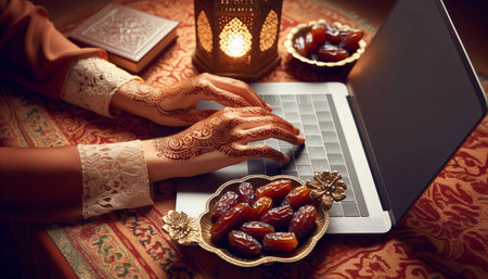 Hands typing on keyboard in a cozy workspace atmosphere, Ai generated image