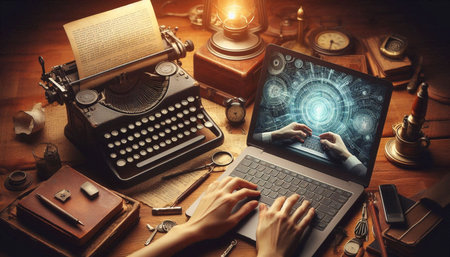 Hands typing on keyboard in creative workspace atmosphere, Ai generated image