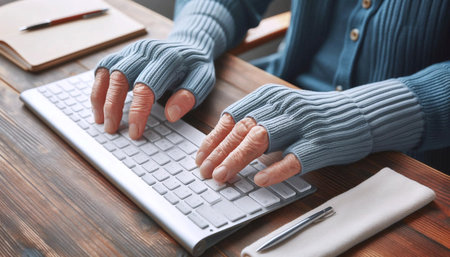 Hands typing on keyboard in creative workspace atmosphere, Ai generated image