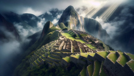 The Machu Picchu in morning fog, Ai generated image