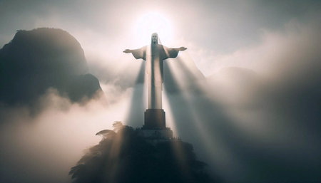 Christ the Redeemer in morning fog, Ai generated imageの写真素材