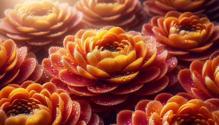 Macro shot of temple flower offering - individual marigold petals with morning dew, Ai generated...