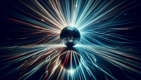 Night club scene with a single giant disco ball reflecting colorful laser beams in all directions,...