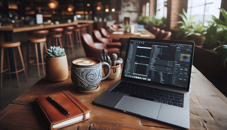 Latte art, laptop with coffee cup, Ai generated image