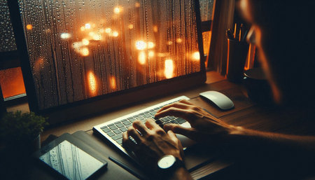 Hands typing on keyboard in creative workspace atmosphere, Ai generated image