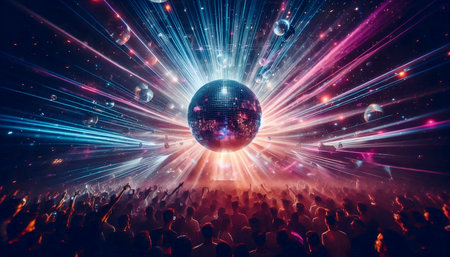 Night club scene with a single giant disco ball reflecting colorful laser beams in all directions,...