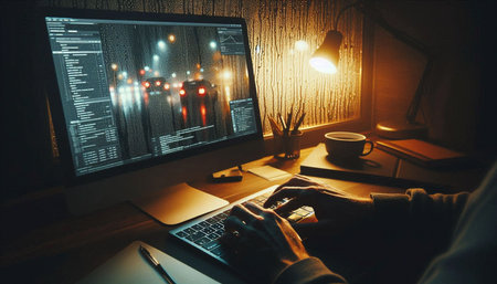 Hands typing on keyboard in creative workspace atmosphere, Ai generated image