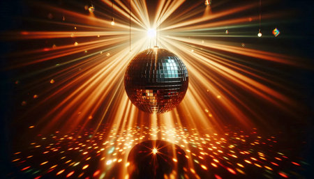 Night club scene with a single giant disco ball reflecting colorful laser beams in all directions, Ai generated imageの写真素材