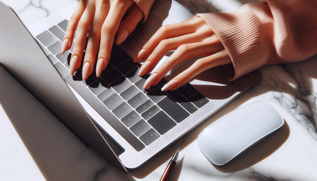 Hands typing on keyboard in creative workspace atmosphere, Ai generated imageの写真素材