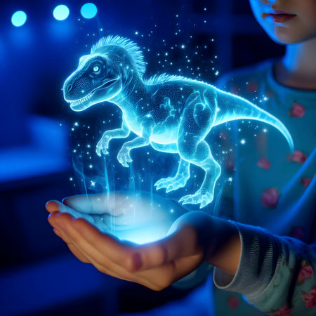 A glowing holographic pet dinosaur that responds to touch, Ai created image