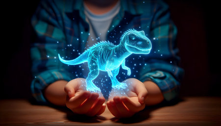 A glowing holographic pet dinosaur that responds to touch, Ai created image