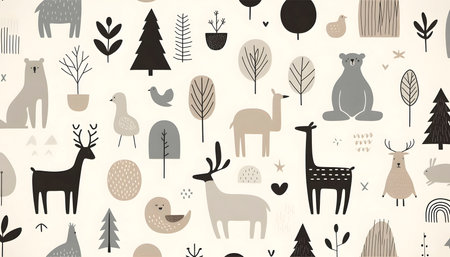 Scandinavian minimalist animal silhouettes kids room wallpaper, Ai created image