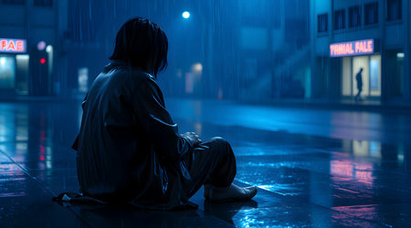 A lonely person sitting in the rain, photorealistic wet clothes and hair, moody blue lighting,...