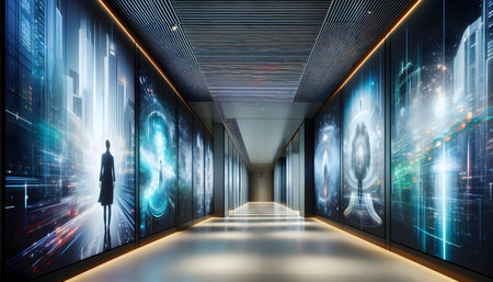 A hallway with motion-activated wall panels, Ai created image