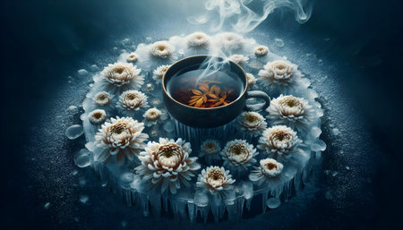 Frozen tea lake with embedded chrysanthemum flowers, Ai created imageの写真素材