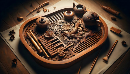 Hand-carved wooden tea tray with intricate drainage channels, Ai created imageの写真素材