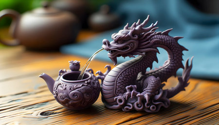 Dragon-shaped tea pet spouting water from a tiny kettle, Ai created image