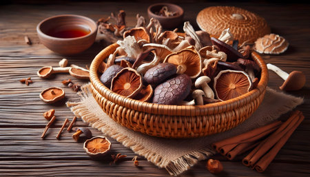 Handwoven basket filled with dried medicinal mushrooms, Ai created imageの写真素材