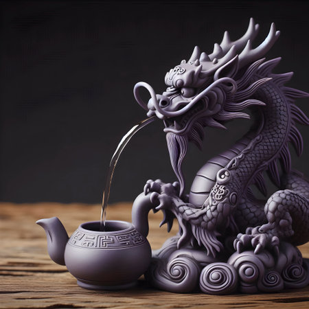 Dragon-shaped tea pet spouting water from a tiny kettle, Ai created imageの写真素材