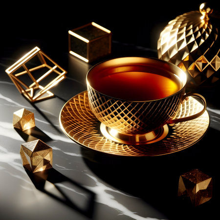 Gold-leafed teacup on a black marble table, Ai created imageの写真素材