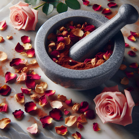 Mortar and pestle grinding dried rose petals into powder, Ai created image