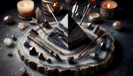 Shungite pyramid and obsidian arrowheads on geode slice, Ai created image