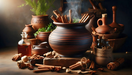 Clay pot simmering herbal decoction, Ai created image