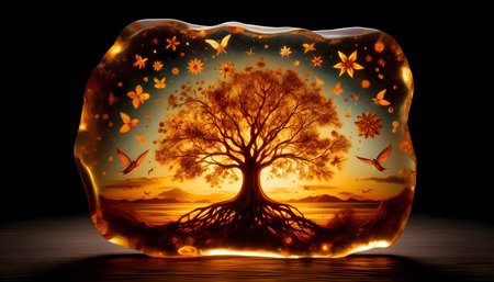 Tree of Life etched into a slab of raw amber, Ai created image