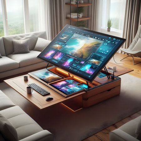 A coffee table transforming into a workstation, Ai created image