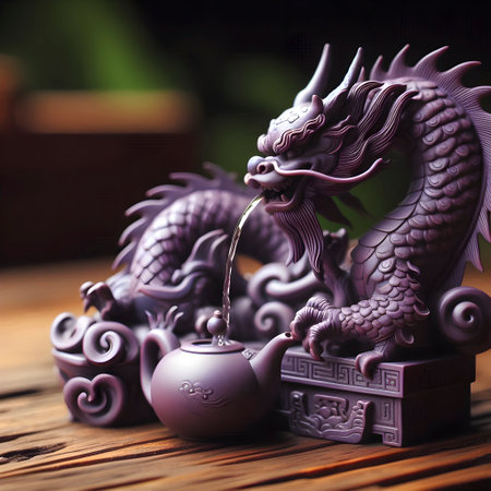 Dragon-shaped tea pet spouting water from a tiny kettle, Ai created imageの写真素材