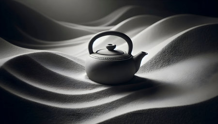 Stoneware teapot nestled in dry sand garden, Ai created imageの写真素材