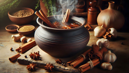 Clay pot simmering herbal decoction, photorealistic image