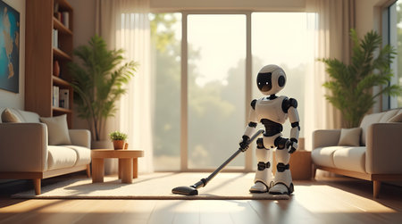 A modern smart home with a friendly humanoid robot vacuuming the living room, Ai generated imageの写真素材