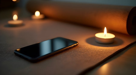 A smartphone switched off beside a candlelit yoga mat, Ai generated imageの写真素材