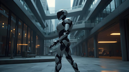 A robot security guard patrolling a high-tech corporate building, Ai generated image