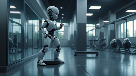 A futuristic gym with a robot personal trainer, Ai generated imageの写真素材