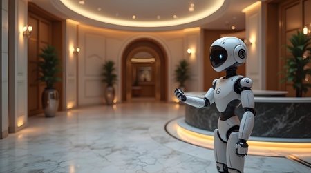 A robotic concierge in a futuristic hotel lobby, Ai generated image