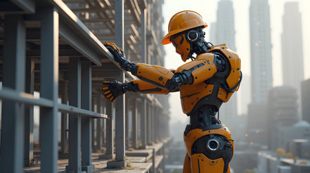 A robotic construction worker assembling a building with precision, Ai generated image