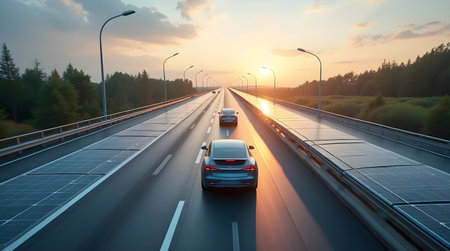 Solar-panel highway with electric cars, Ai generated image